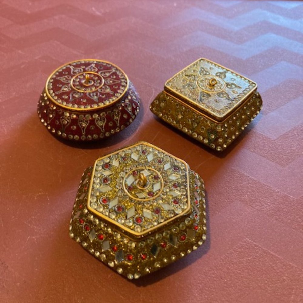 Two's Company bejeweled gold trinket boxes